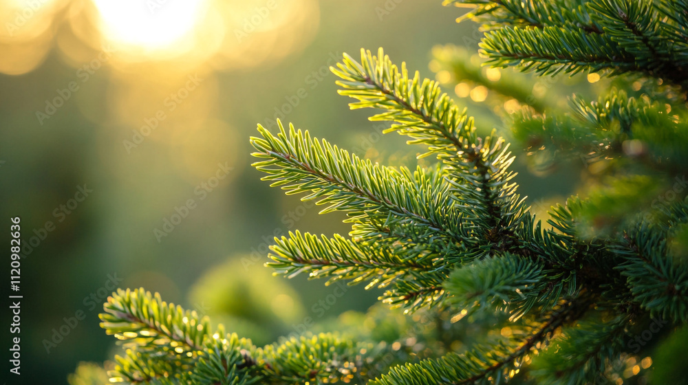 Aufkleber sunlight filtering through evergreen branches in a serene forest setting