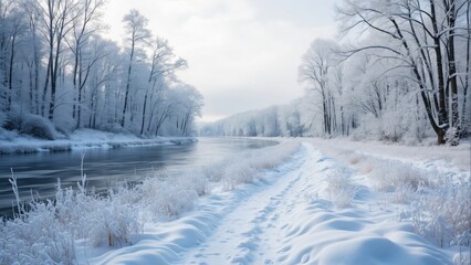 Stunning Winter Wonderland, Snow Covered Trees, Frozen River, and a Path Through a Snowy Field