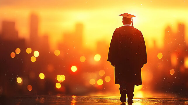 Graduate Walks Towards City Skyline at Sunset, New Beginnings, Future Success