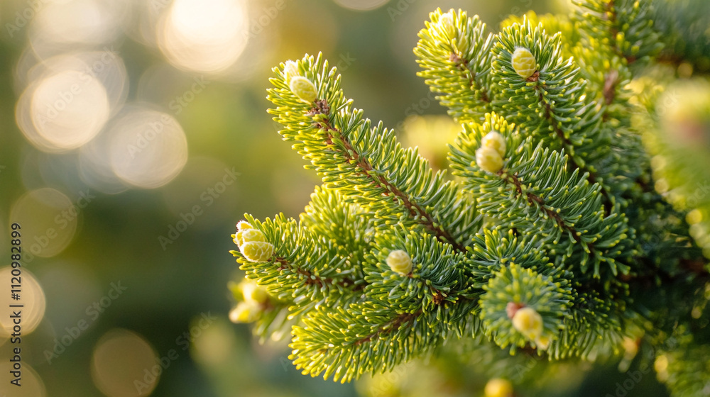 Aufkleber new growth on evergreen branches illuminated by soft sunlight in a tranquil setting