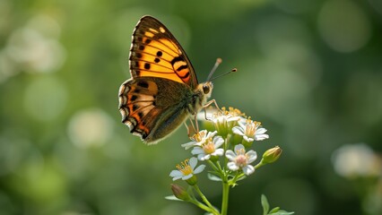 Stunning Macro Photo of Butterfly on White Flowers, High-Resolution Nature Image with Blurred Background, Green and Brown Tones, Natural Light