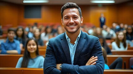 Confident Speaker Addresses Large Audience Successfully