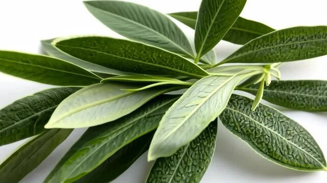Fresh leaves of a medicinal plant arranged beautifully on a white background illustrating their texture and color