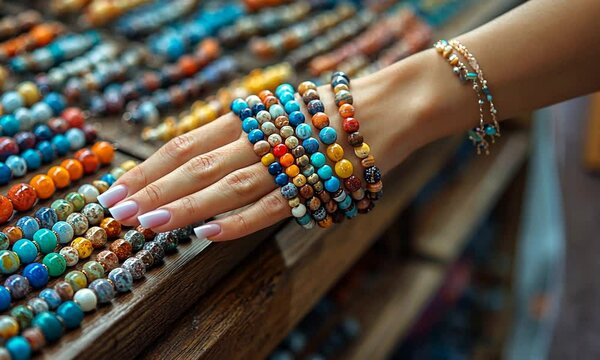 A hand adorned with colorful beaded bracelets over a wooden surface.