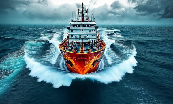 A large ship navigating turbulent ocean waters under a stormy sky.