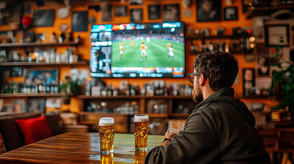 Man Watches Sports Game, Drinks Beer at Pub