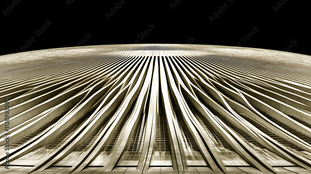 Poster sepia-toned low-angle view of converging lines on a large structure against a black background.