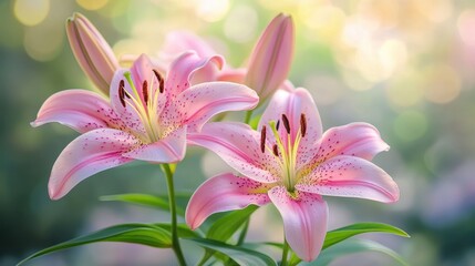 Fototapeta premium Two pink lilies in soft sunlight. Perfect for spring, romance, or nature themes.