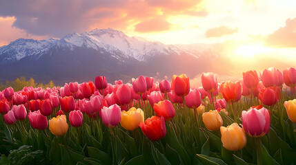 Vibrant Tulips Bloom at Sunrise, Majestic Mountains in Background