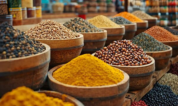 A vibrant display of colorful spices in wooden bowls.