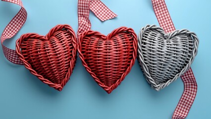 Obraz premium Three Wicker Hearts with Checkered Ribbons, Romantic Valentine's Day Decoration