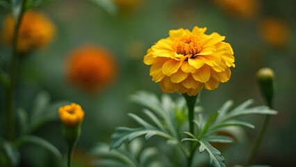 Fototapeta premium Macro Photography of a Yellow Marigold Flower in a Garden with Shallow Depth of Field