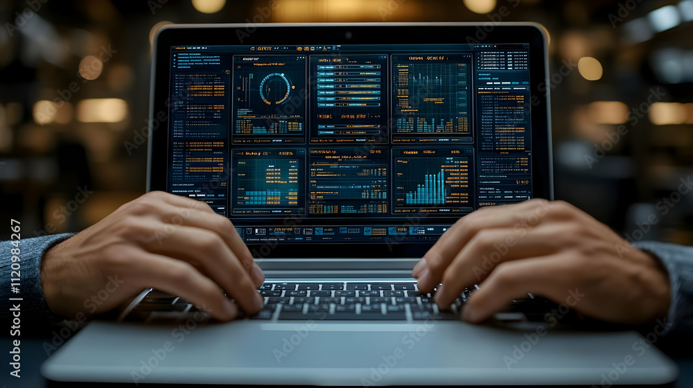 Poster analyst enters data on laptop screen, showing graphs and charts efficiently.