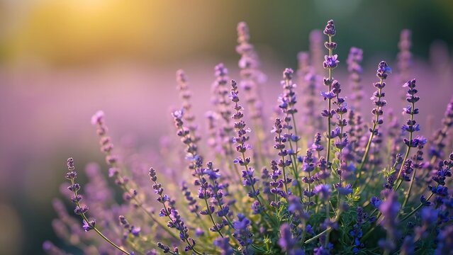 Vibrant Purple Lavender Field at Sunset, Close-up Photorealistic Landscape with Depth of Field and Blurred Background