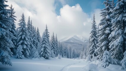 Naklejka premium Serene Alpine Winter Wonderland, Snow-Covered Forest with Fluffy Clouds and Majestic Mountains