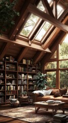 Fototapeta premium Rustic Wooden Library Living Room Design