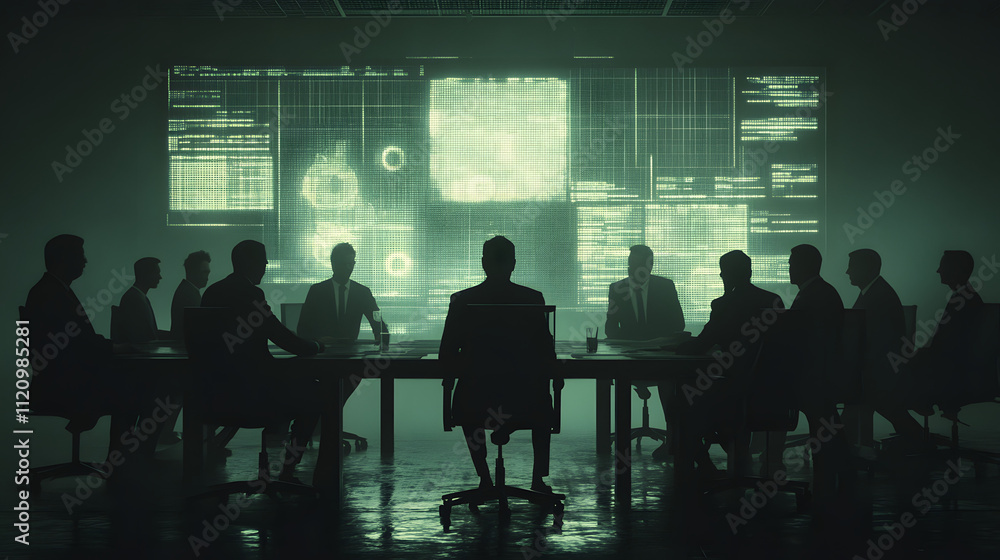Poster silhouetted figures sit around a large table in a darkened room, facing a wall of glowing green scre