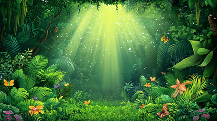 Obraz premium Lush tropical forest with sunlight filtering through foliage and colorful butterflies