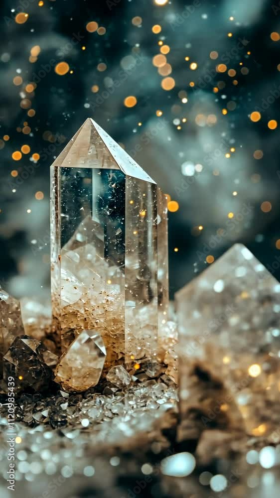 Poster intricate crystal formations shimmering under soft lighting create a magical atmosphere in a serene 