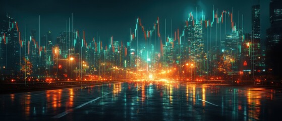Fototapeta premium Futuristic cityscape with neon lights and reflections 