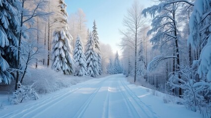 Obraz premium Enchanting Snowy Winter Landscape, Picturesque Snow-Covered Road Through Icy Forest, Perfect for Holiday Cards and Winter Activities