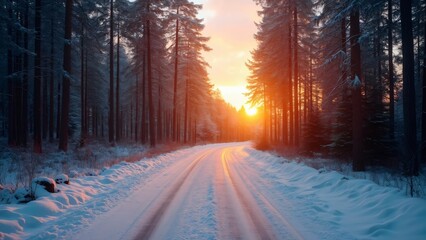 Majestic Sunset Winter Road in Snowy Pine Forest - 