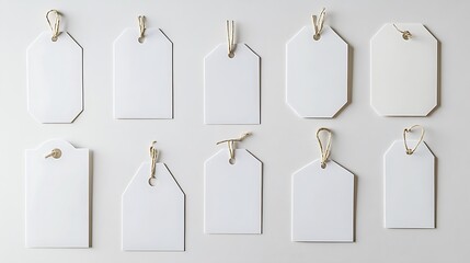 A row of white tags with different shapes hanging on a wall