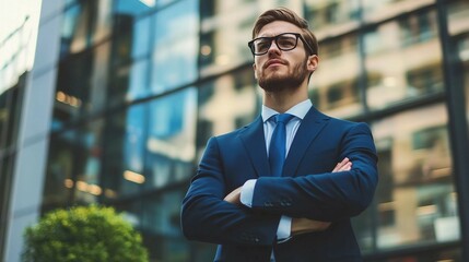 a man in a suit and tie standing in front of a tall building