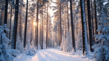 Obraz premium Magical Snowy Winter Forest Landscape, Sunlit Path Through Tall Snow-Covered Trees