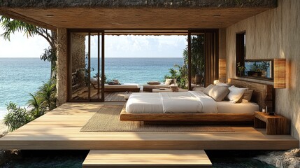 Modern bedroom with ocean view. Perfect for interior design, travel, and vacation themes.