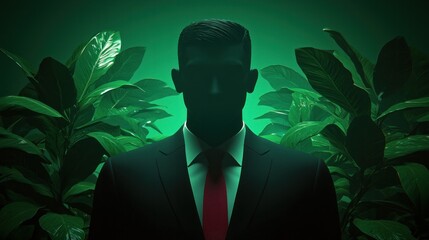 Mysterious encountersilhouetted figure amidst lush greenery urban jungle conceptual art dramatic lighting