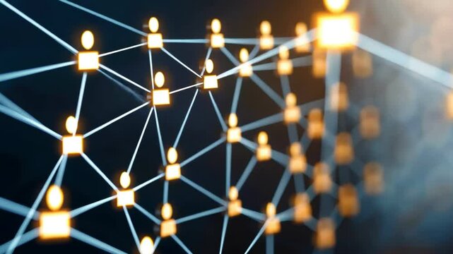 Businesspeople icons linked in a corporate network, background featuring scattered small cubes