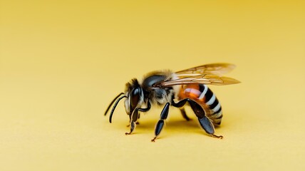 Bee on a yellow background with close-up details of wings and stripes, highlighting nature and summer wildlife