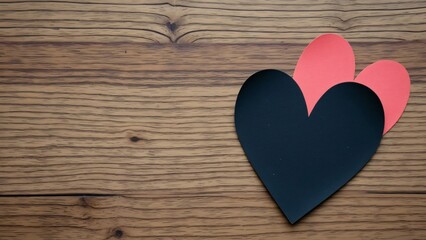Fototapeta premium Heart-Shaped Blackboard Stickers on Wooden Table, Valentine's Day & Mother's Day Concept, Top View, High-Quality Photo with Copy Space