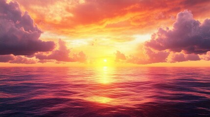 Fototapeta premium A vibrant sunset over a calm ocean, reflecting warm colors.