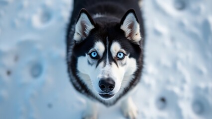 Naklejka premium Stunning Top-Down View of a Black and White Husky with Striking Blue Eyes in Snowy Winter Landscape