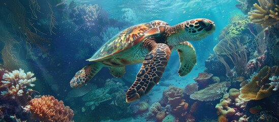 Fototapeta premium Sea Turtle Swimming in a Coral Reef