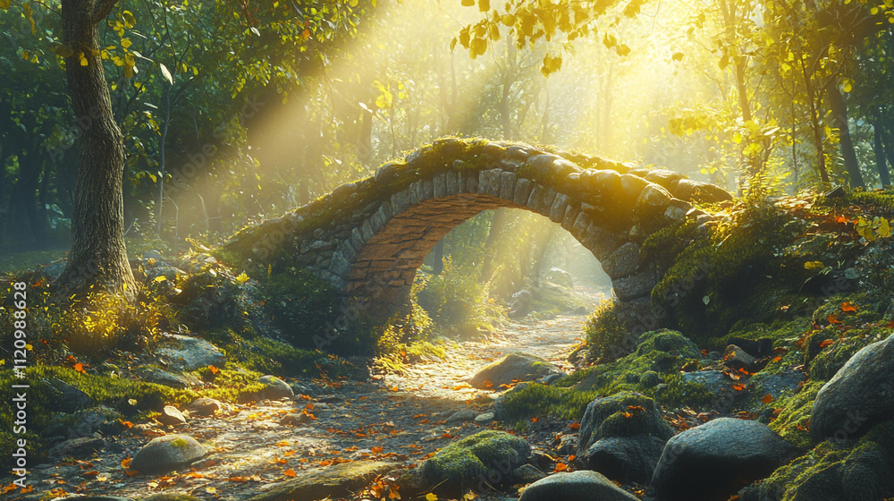 Poster sunlight filters through trees over ancient stone bridge in serene forest setting