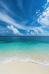 Fototapeta premium Serene beach with clear turquoise water under a blue sky.