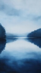 Fototapeta premium A serene blue landscape reflecting calm waters and misty hills.