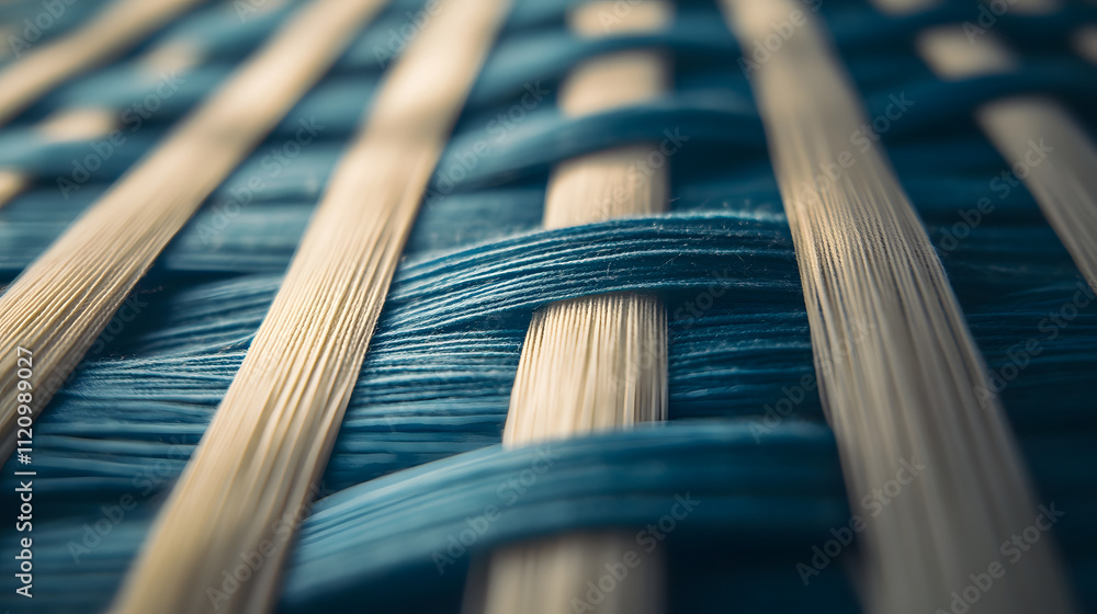 Poster close-up shot of interwoven beige and teal strands, creating a textured, intricate pattern. the imag