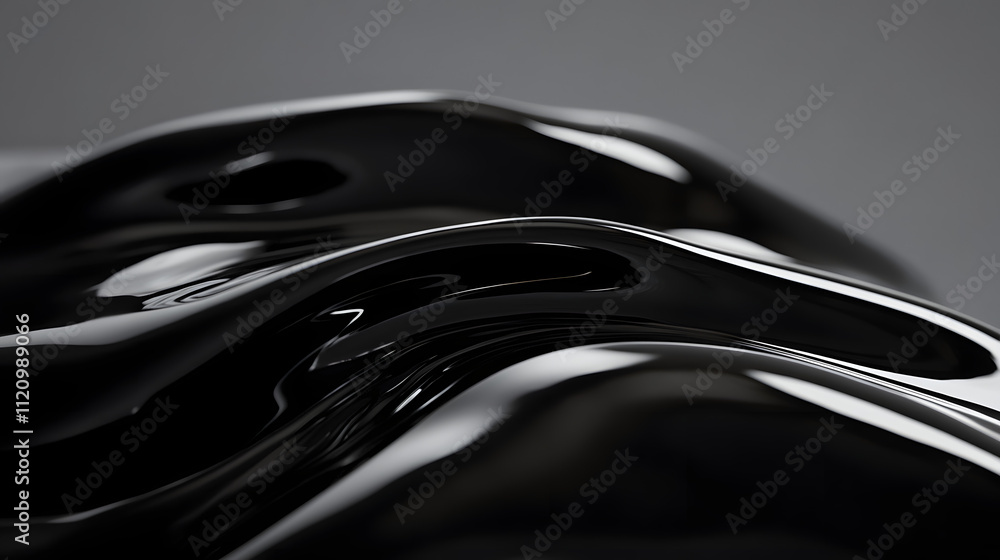 Poster abstract close-up of glossy black liquid flowing, creating dynamic curves and reflections. high cont