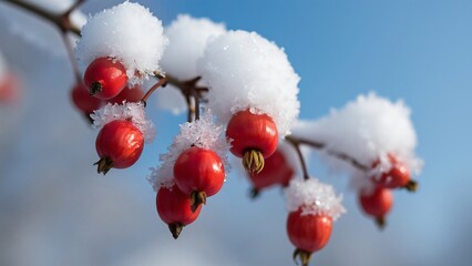 Stunning Close-up, Snow-Covered Red Rose Hips on Branches Against a Clear Blue Sky