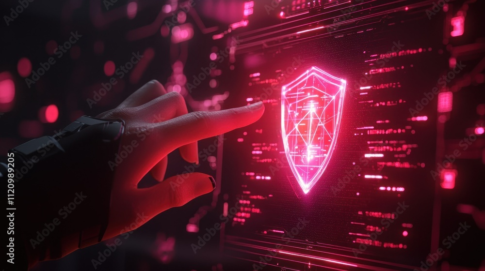 Poster a futuristic hand interacts with a glowing digital shield interface.