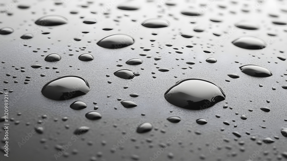 Poster close-up of water droplets on a dark, smooth surface. the droplets vary in size and create a glisten