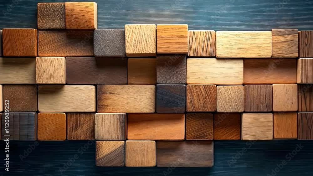 Poster a vibrant arrangement of wooden blocks in various shades, creating an abstract pattern on a wooden s