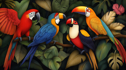 Fototapeta premium A tropical scene with vibrant birds of the tropics, including parrots and toucans, perched among the dense foliage of the rainforest.