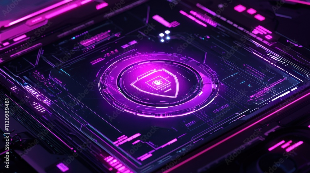 Poster a futuristic digital interface with vibrant purple hues and intricate circuit patterns.