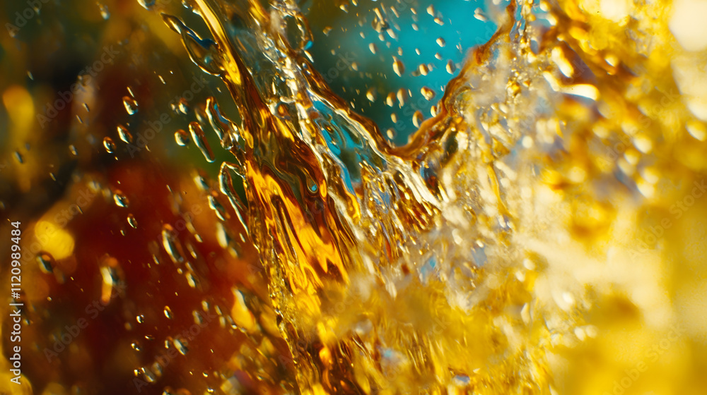 Poster close-up shot of golden liquid splashing, creating a vibrant, abstract texture with dynamic movement