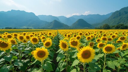 Stunning Sunflower Field in Phetchaburi, Thailand, Vibrant Yellow Blooms Against Mountain Landscape